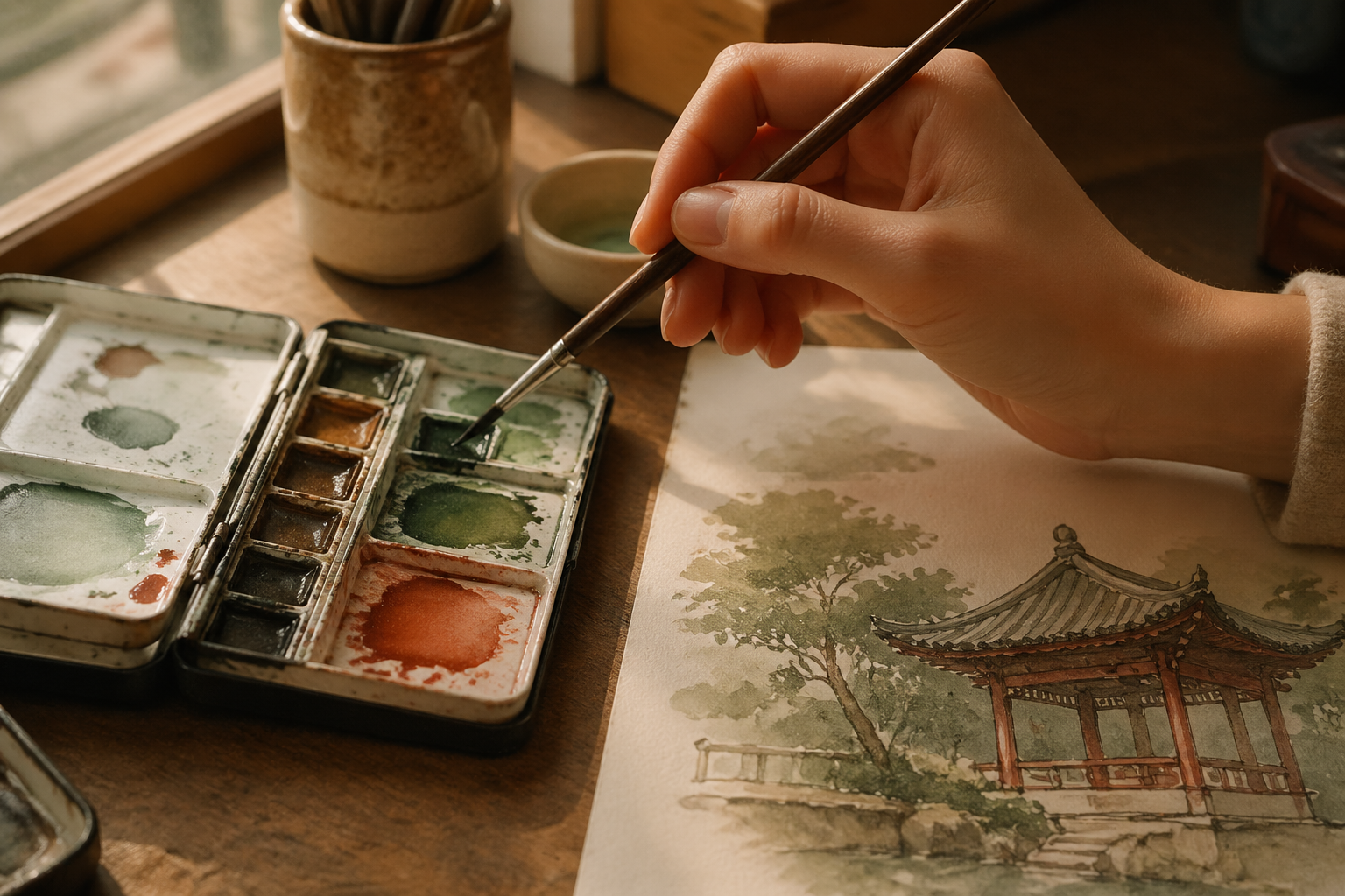 Painter's hand with a brush over a watercolor palette