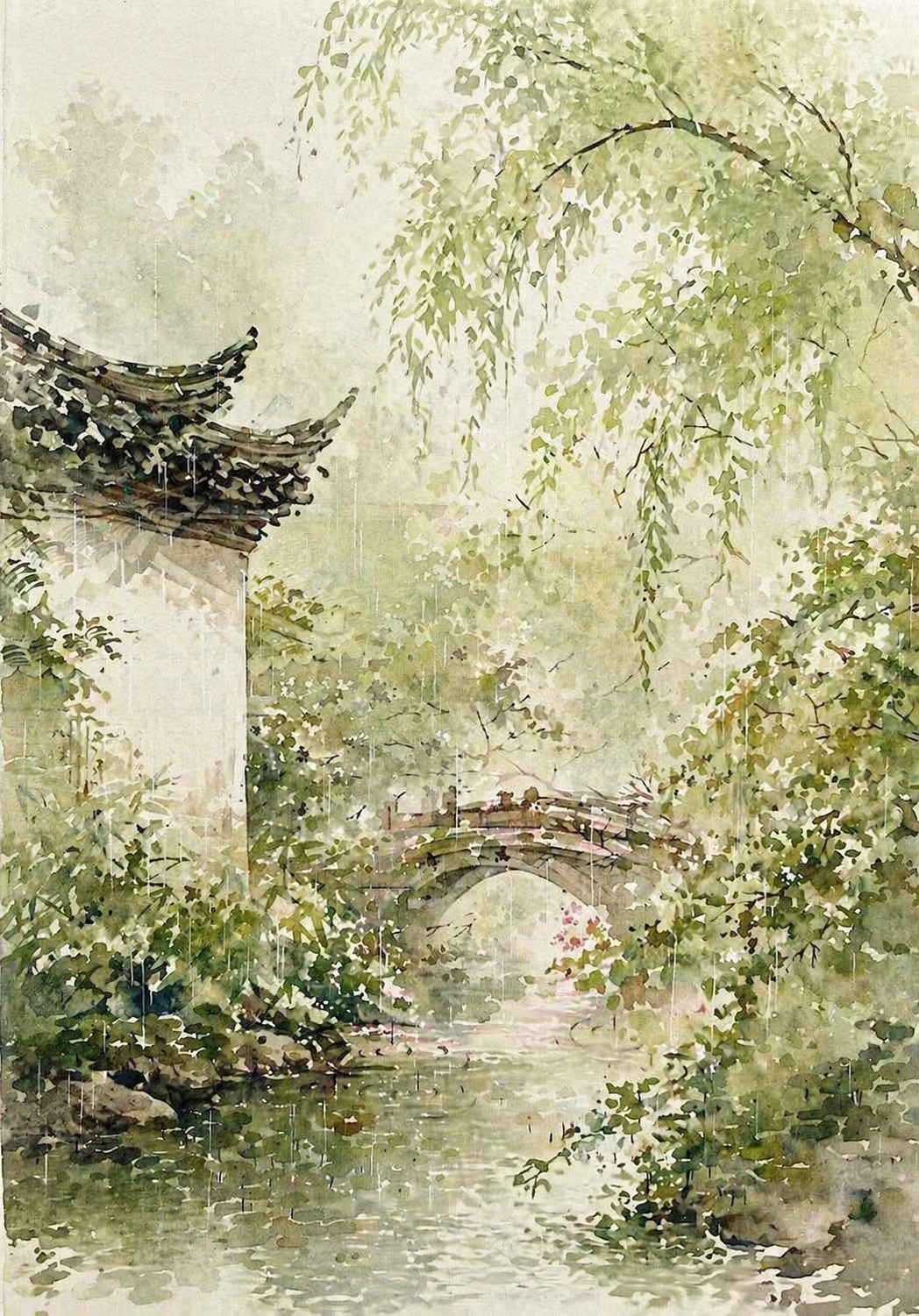 Watercolor of woman with umbrella on a stone bridge
