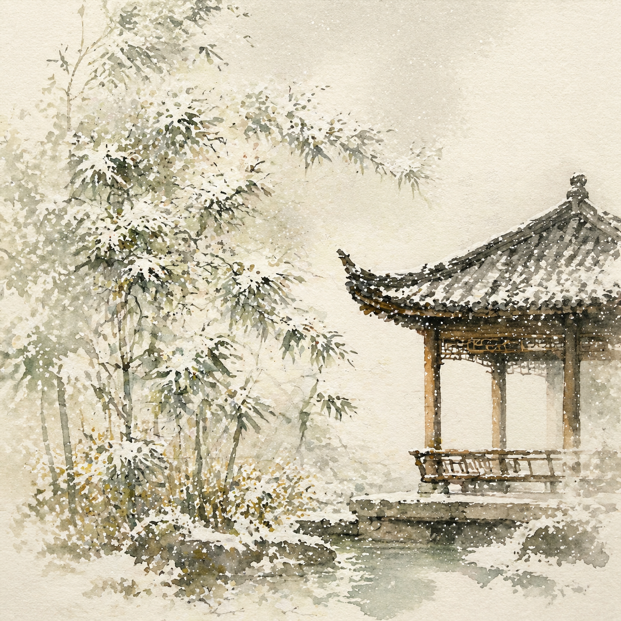 Snowy bamboo grove pavilion