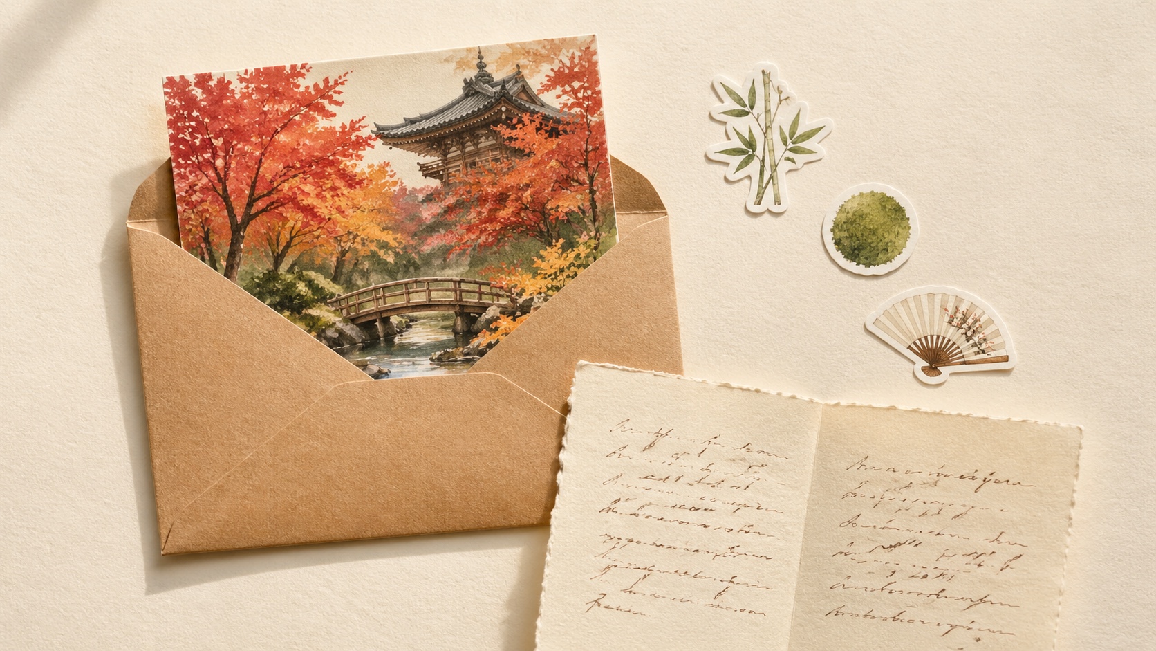 Folded Petal envelope opened, postcard and stickers inside